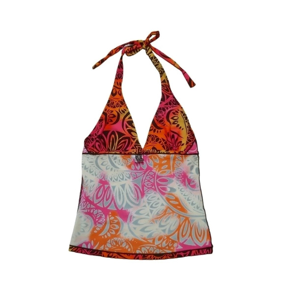 Aquafunky Tankini Tropical/Aztec Print Colorful Pink Orange Yellow Black Halter - Picture 6 of 8